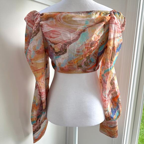 Festival Pastel Marble Boho Fairy Ruched Crop Blouse Long Sleeve 4 / Small NWT - Picture 8 of 10